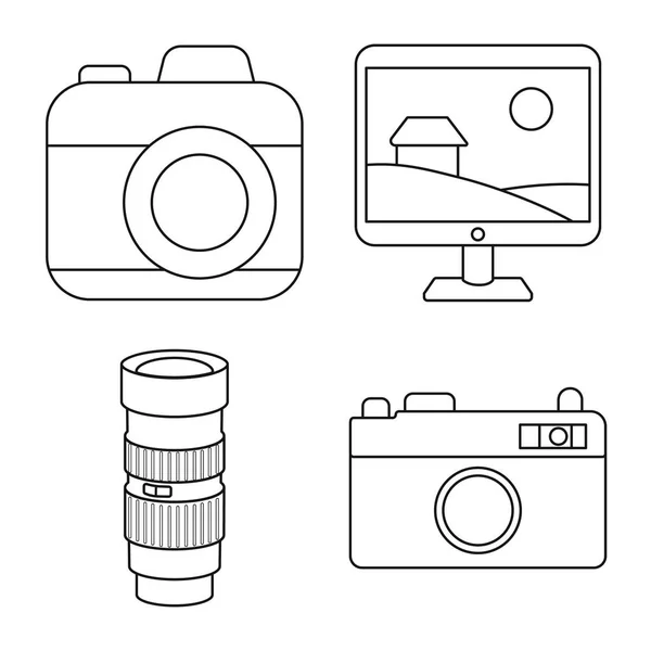 Vektor Illustration der Fotografie und Ausrüstung Zeichen. Set von Fotografie und Zubehör Vektor-Symbol für Aktien. — Stockvektor