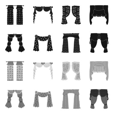 Perde ve perdelerin vektör tasarımı işareti. Web için perde ve panjur stok sembolü seti.