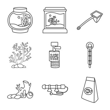 Fishbowl ve aksesuar logosu vektör illüstrasyon. Fishbowl ve bakım stok vektör illüstrasyon seti.