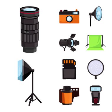 Stüdyo ve fotoğraf logosu vektör tasarımı. Stok için stüdyo ve ekipman vektör simgesinin toplanması.