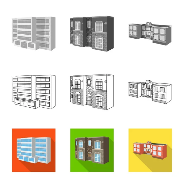 Isolerade objekt av fasaden och bostäder symbol. Uppsättning av fasaden och infrastruktur aktiesymbol för webben. — Stock vektor