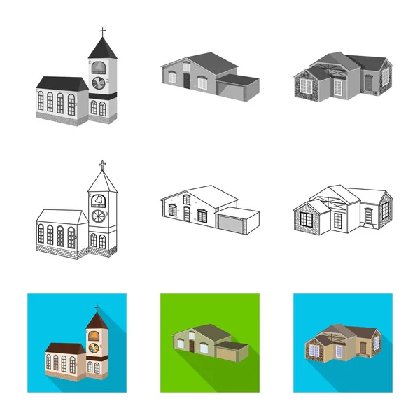 Vektorillustration von Fassade und Hausschild. Sammlung von Fassade und Infrastruktur-Vektor-Symbol für Aktien. — Stockvektor