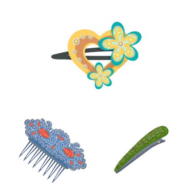 Barrette ve saç simgesi vektör tasarımı. Stok için barrette ve aksesuar vektör simgesi koleksiyonu.
