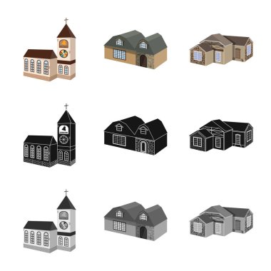 Cephe ve konut simge vektör çizimi. Cephe ve altyapı hisse senedi vektör çizim topluluğu.