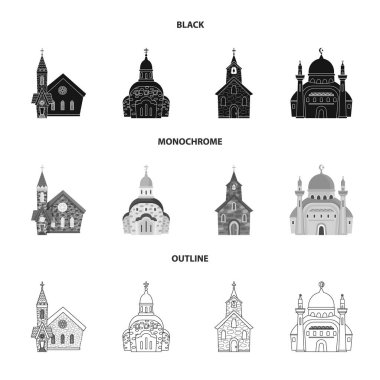 Kült ve tapınak işareti vektör tasarımı. Web için Cult ve Parish stok sembolü seti.