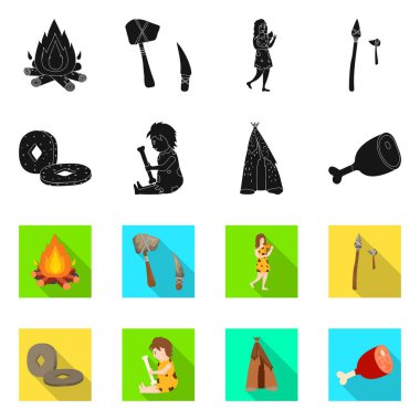 Evrimin vektör tasarımı ve neolitik işaret. Stok lar için evrim ve ilkel vektör simgesi seti.