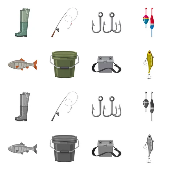 鱼和捕鱼图标的矢量设计。一套鱼和设备矢量图标股票. — 图库矢量图片