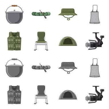 Balık ve balık tutma logo izole nesne. Balık kümesi ve hisse senedi için ekipman vektör simgesi.