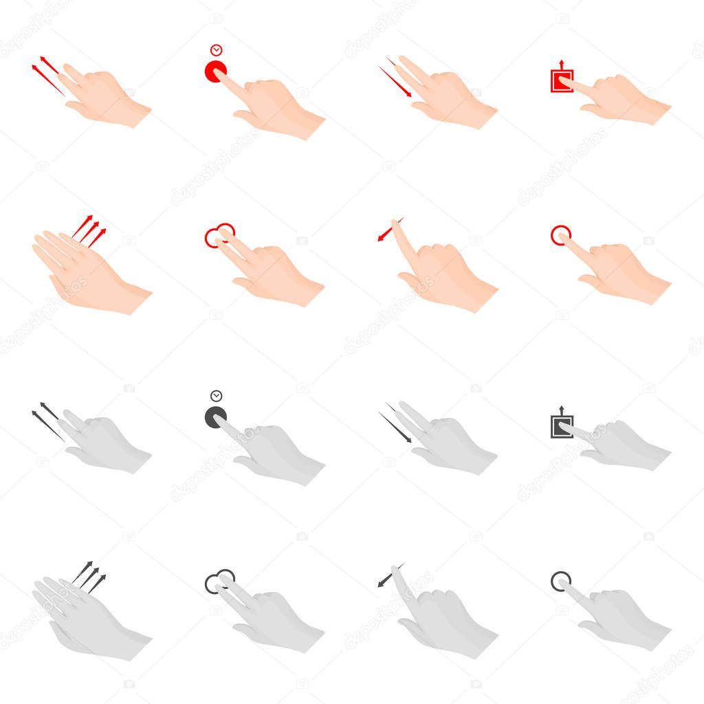 Vector illustration of touchscreen and hand sign. Set of touchscreen and touch vector icon for stock.