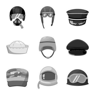 Başlık vektör tasarımı ve modern logo. Stok için başlık ve giyim vektör simgesi seti.