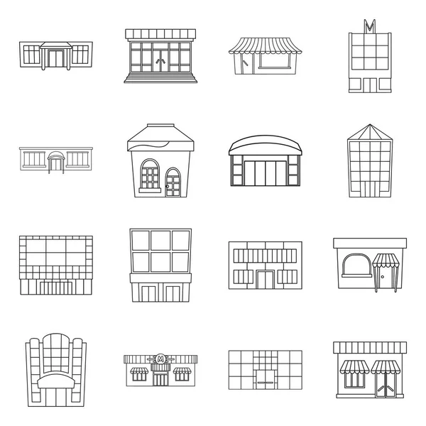 Izolovaný objekt supermarketu a ikony budovy. Kolekce symbolů supermarketů a městských akcií pro web. — Stockový vektor