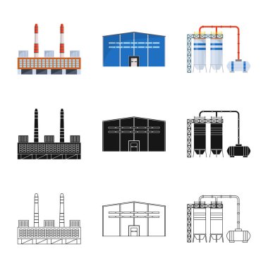 Üretim ve yapısı logosu yalıtılmış nesne. Üretim ve stok için teknoloji vektör simge kümesi.