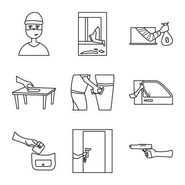 Haydut ve soygun sembolü vektör tasarımı. Hisse senedi için eşkıya ve dolandırıcılık vektör simgesi kümesi.