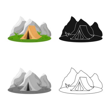 Çadır ve dağ sembolü vektör illüstrasyon. Çadır seti ve yaz stok vektör illüstrasyon.
