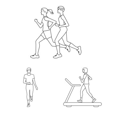 Egzersiz ve sprinter simgesinin vektör çizimi. Stok için egzersiz ve maraton vektör simgesi seti.