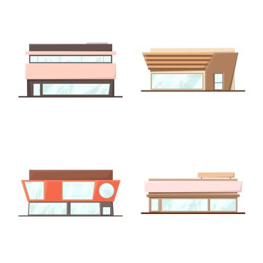 Bina ve süpermarket sembolü vektör tasarımı. Web için bina ve piyasa stok sembolü koleksiyonu.