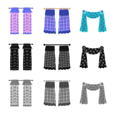 Perde ve perdeler logosu vektör illüstrasyon. Web için perde ve panjur stok sembolü seti.