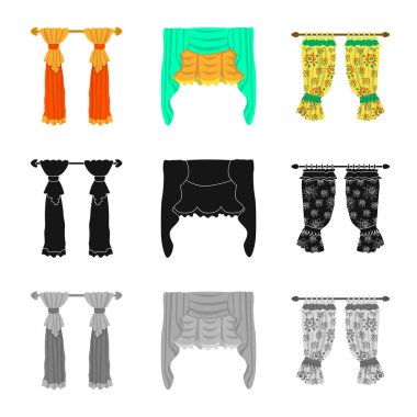 Perdeler ve perdeler simge vektör tasarımı. Web için perde ve güneşlik hisse senedi simgesi kümesi.