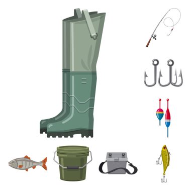 Balık ve balık tutma işareti izole nesne. Balık kümesi ve hisse senedi için ekipman vektör simgesi.