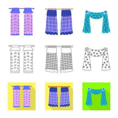 Perdelerin ve perde simgelerinin vektör tasarımı. Perdeler ve perdeler ağ için stok sembolü.