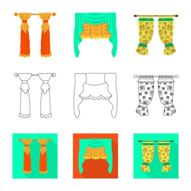 Perde ve perdeler sembolü vektör Illustration. Web için perdeler ve jaluzi stok sembolü koleksiyonu.
