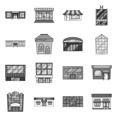 Süpermarket ve bina simgesi vektör illüstrasyon. Stok lar için süpermarket ve iş vektör simgesi seti.