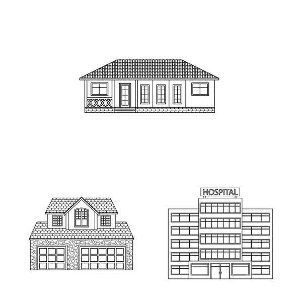 Vektorillustration des Gebäudes und des vorderen Schildes. Sammlung von Bau- und Dachvektorsymbolen für Aktien. — Stockvektor