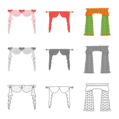 Perdelerin ve perdeler sembolünün izole nesne. Perde ve jaluzi stok vektör illüstrasyon seti.