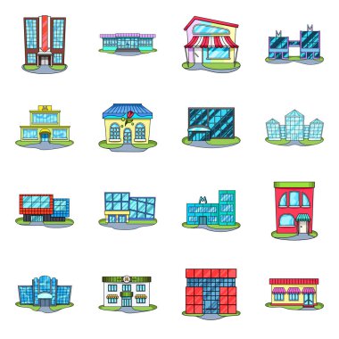 Süpermarket ve bina simgesi vektör illüstrasyon. Web için süpermarket ve şehir stok sembolü koleksiyonu.