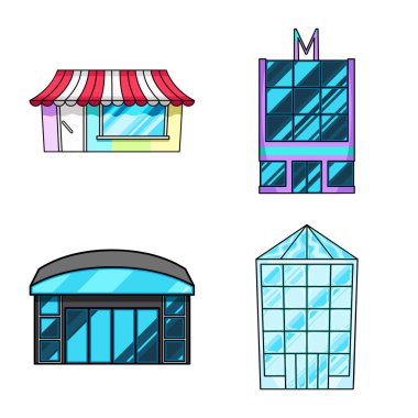 Süpermarket ve bina sembolü izole nesne. Stok lar için süpermarket ve şehir vektör simgesi seti.