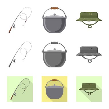 Balık ve balık tutma simgesi izole nesne. Balık ve ekipman hisse senedi vektör çizim topluluğu.