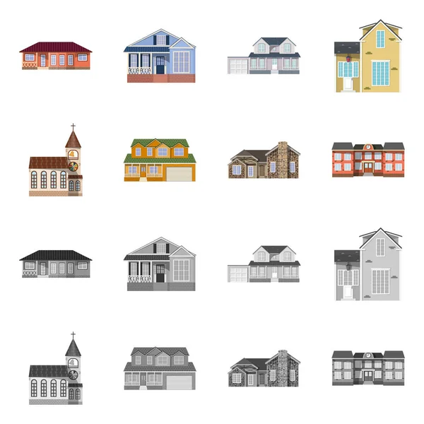 Illustrazione vettoriale dell'edificio e dell'icona anteriore. Raccolta di icone vettoriali per edifici e tetti . — Vettoriale Stock