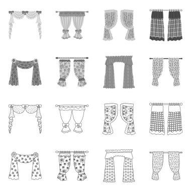 Perdelerin ve perdelerin vektör çizimi. Depo için perde koleksiyonu ve vektör simgesi.