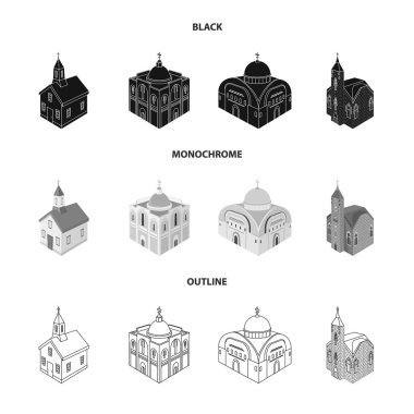Tapınağın izole edilmiş nesnesi ve tarihi işareti. Stok için tapınak ve inanç vektör simgesi koleksiyonu.