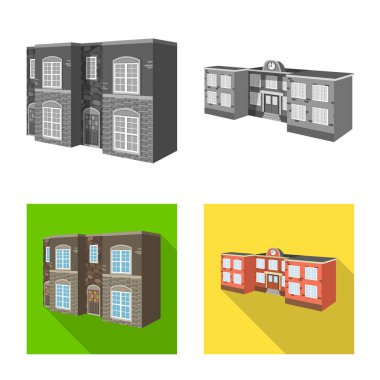 Cephe ve konut simge vektör tasarımı. Cephe ve altyapı hisse senedi vektör çizim seti.