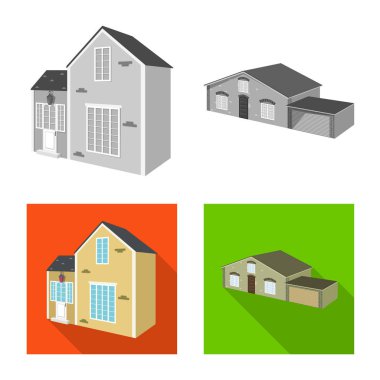 Cephe ve konut simgesinin vektör tasarımı. Web için cephe ve altyapı stok sembolü koleksiyonu.