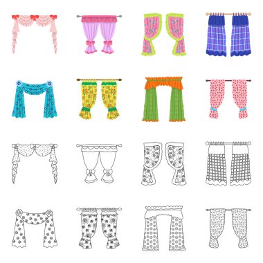 Perdelerin ve perdelerin vektör çizimi. Perdeler ve perdeler ağ için stok sembolü.