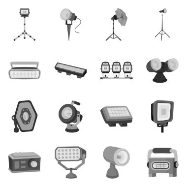 Işık ve tiyatro logosu vektör tasarımı. Stok lar için ışık ve stüdyo vektör simgesi kümesi.