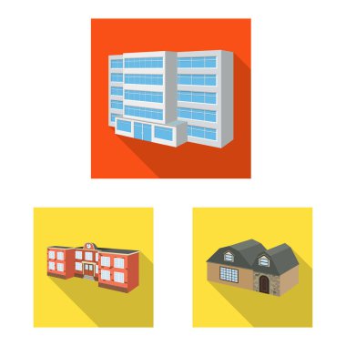 Cephe ve konut işareti tasarımı vektör. Web için cephe ve altyapı hisse senedi simgesi kümesi.