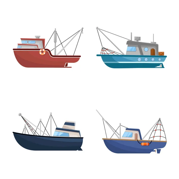 Geïsoleerd object van boot en vissen icoon. Set van boot en schip voorraad symbool voor web. — Stockvector