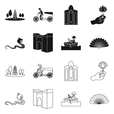 Seyahat ve ülke işareti vektör illüstrasyon. Hisse senedi için seyahat ve Asya vektör simgesi kümesi.