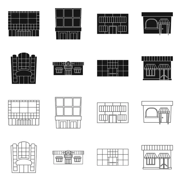 Design vettoriale del supermercato e dell'icona dell'edificio. Set di supermercati e icone vettoriali locali per magazzino . — Vettoriale Stock