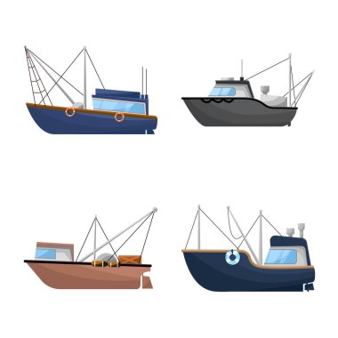Tekne ve balıkçılık simgesi vektör illüstrasyon. Web için tekne ve gemi stok sembolü seti.