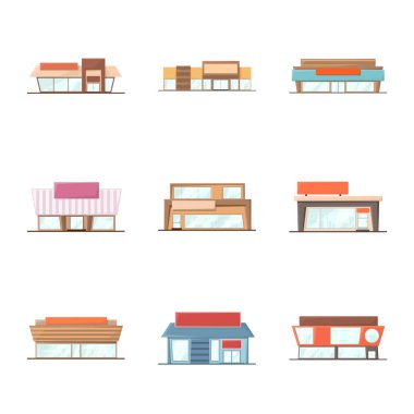 Bina ve süpermarket simgesi vektör tasarımı. Hisse senedi için bina ve piyasa vektör simgesinin toplanması.