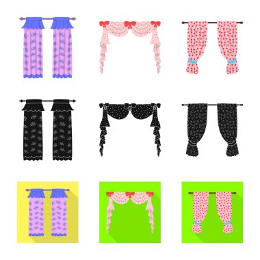 Perde ve perdeler sembolünün vektör tasarımı. Perdeler ve jaluzi stok vektör illüstrasyon koleksiyonu.