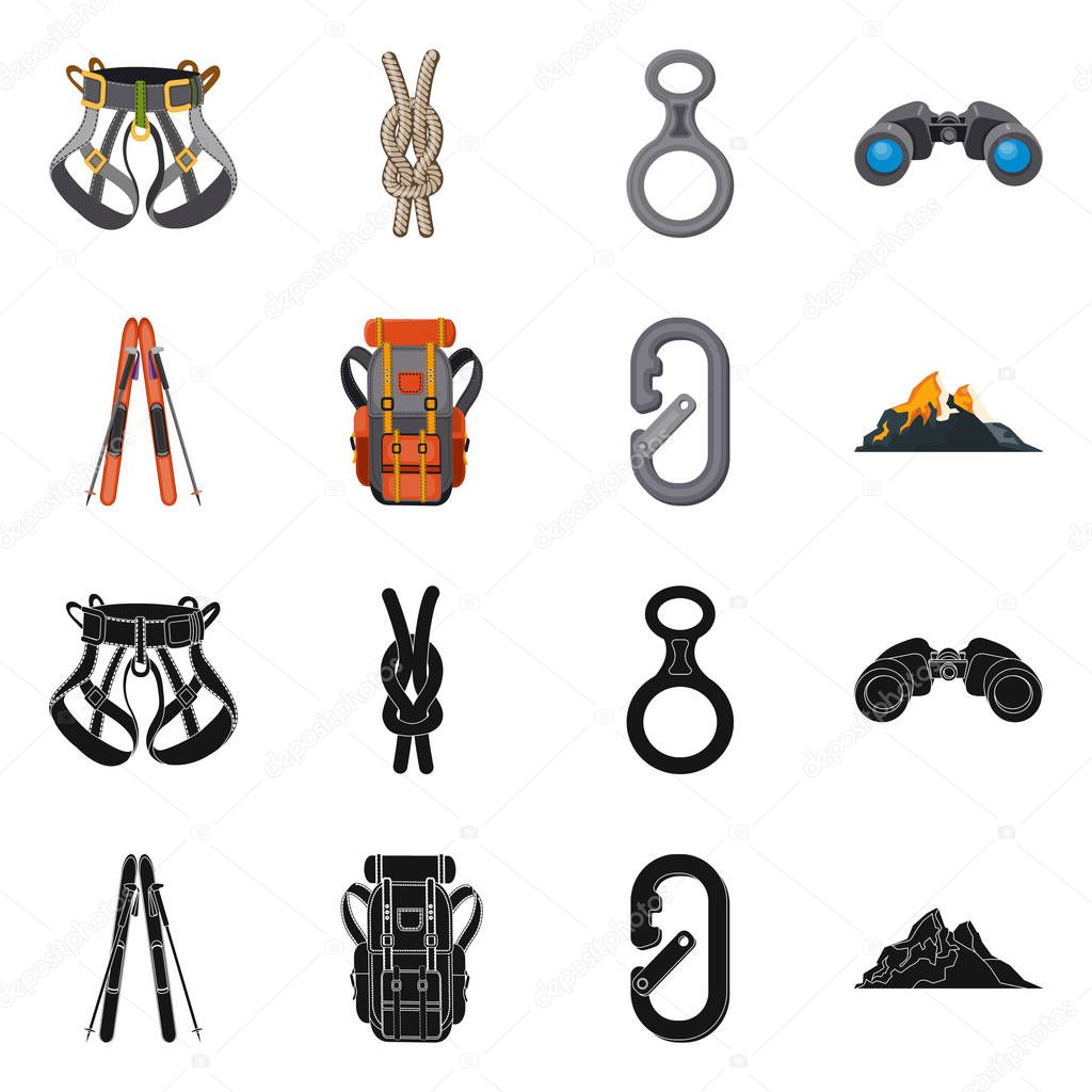 Vector illustration of mountaineering and peak symbol. Set of mountaineering and camp stock symbol for web.