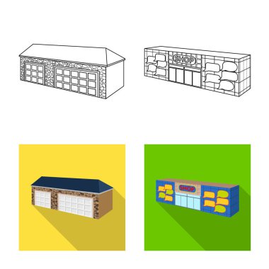 Cephe ve konut simge vektör tasarımı. Hisse senedi için cephe ve altyapı vektör simge kümesi.