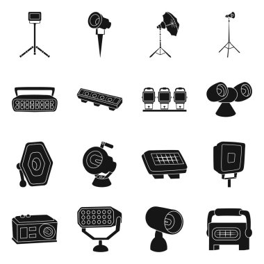 Işık ve tiyatro işaretinin vektör illüstrasyonu. Stok için ışık ve kulüp vektör simgesi kümesi.