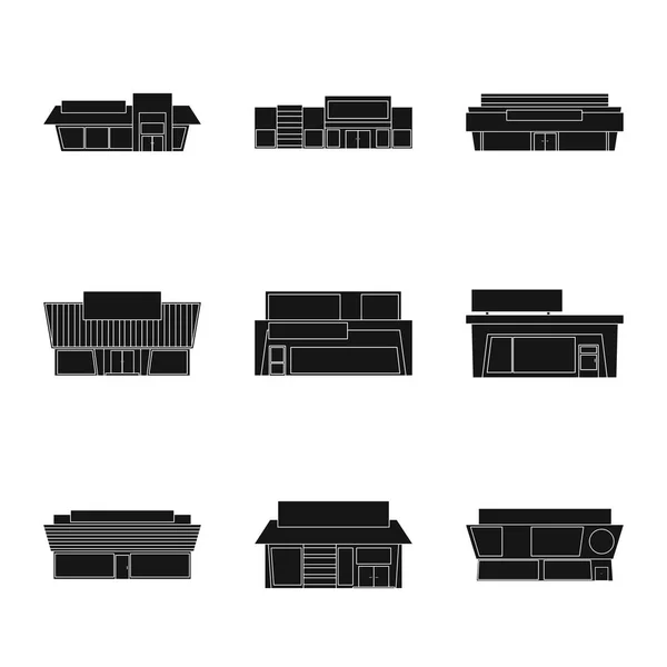 Ilustración vectorial de la arquitectura y el signo de paisaje urbano. Conjunto de arquitectura y símbolo de stock de supermercado para web . — Archivo Imágenes Vectoriales