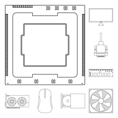 Bilgisayar ve bileşen işaretinin vektör illüstrasyonu. Web için bilgisayar ve teknoloji stok sembolü kümesi.